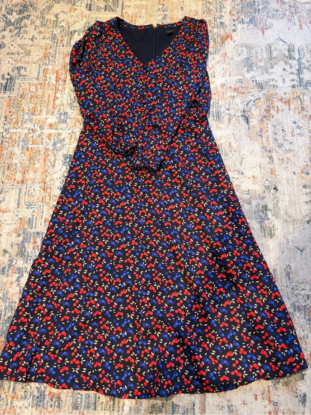 Ann Taylor Navy Long Sleeve V-Neck Midi Dress with Red & Blue Floral Print
